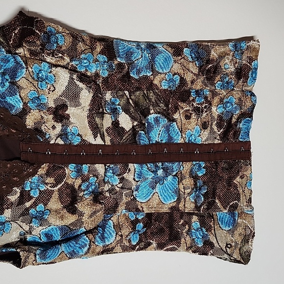 Outlooks Y2K Lace Corset Tank Top Deep V Brown Teal Hook Eye Closures - Picture 3 of 5